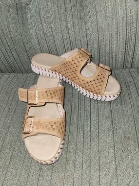 🍉Ilse Jacobsen Tan Double-Buckle Laser-Cut Slide Sandals